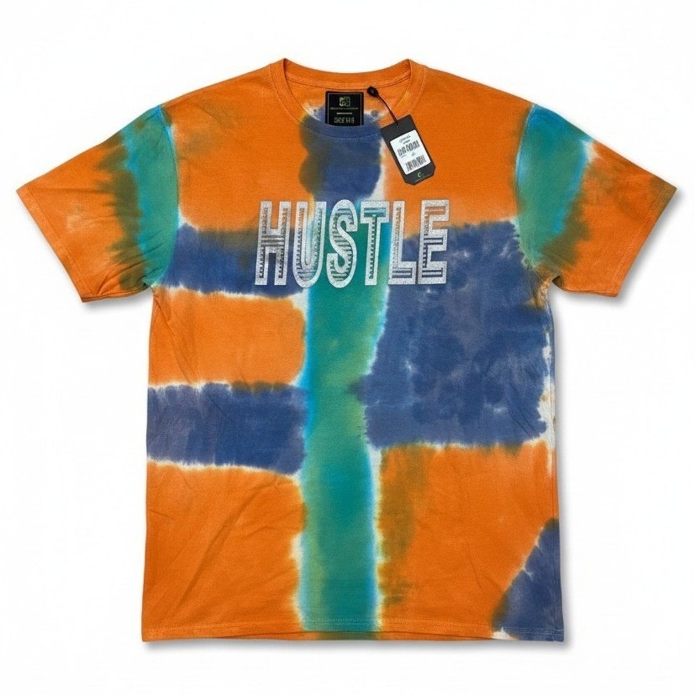 Sacred Crown Hustle Graphic Tie Dye T-Shirt, Men's XXL Top, Rust Orange Blue NWT